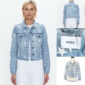 Pistola Brando Star Embroidery Cropped Denim Jacket Zodiac Wash - S